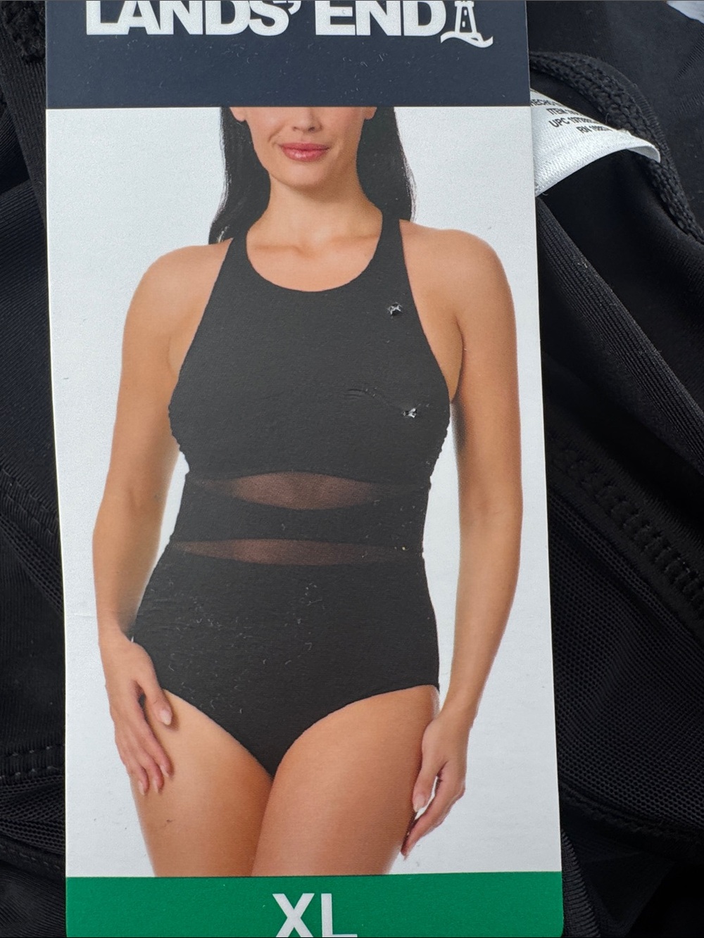 Lands' End Black High-Neck One-Piece Swimsuit with Sheer Waist Panels